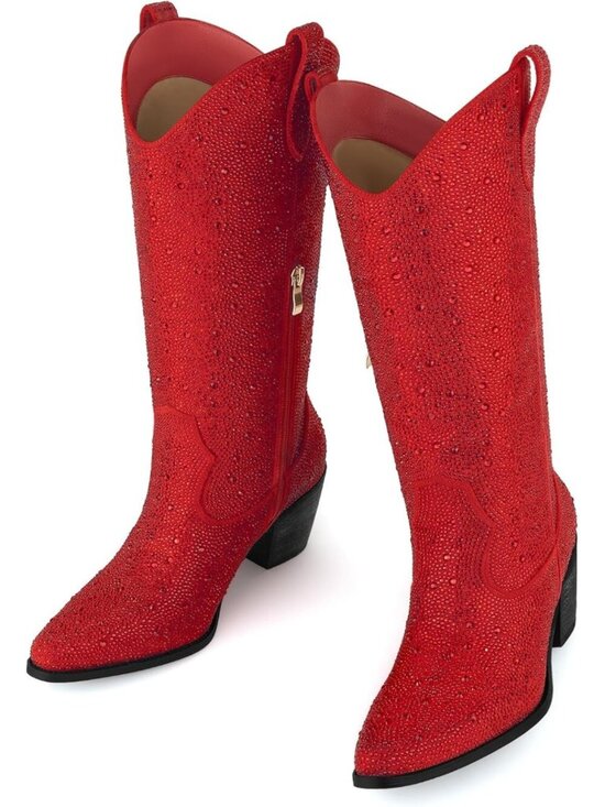 Shoes - Women’s Red Rhinestone Cowboy Boots Mid Calf Pointed Toe Sparkly Block Heel